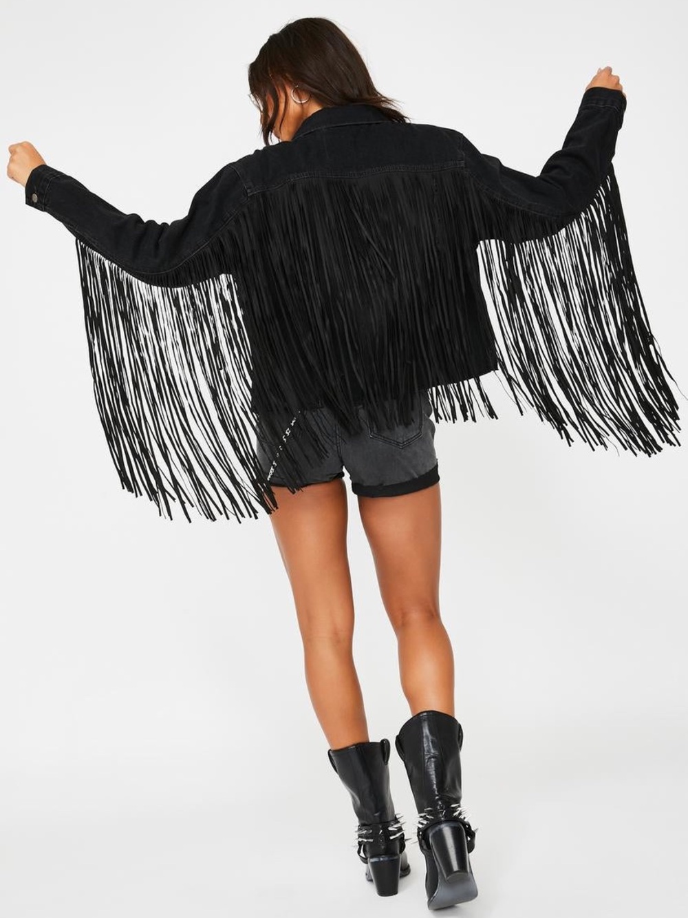 Levi's Ex-Boyfriend Fringe Trucker Black Denim Jacket - Picture 2 of 6